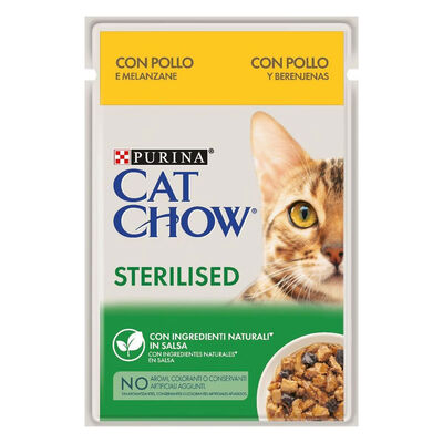 Cat Chow Adult 1+ Sterilised Teneri pezzetti in salsa con pollo e melanzane 85 gr
