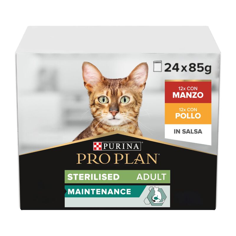 Purina Pro Plan Cat Adult Sterilised Maintenance con Manzo e Pollo in Salsa 24 x 85 gr
