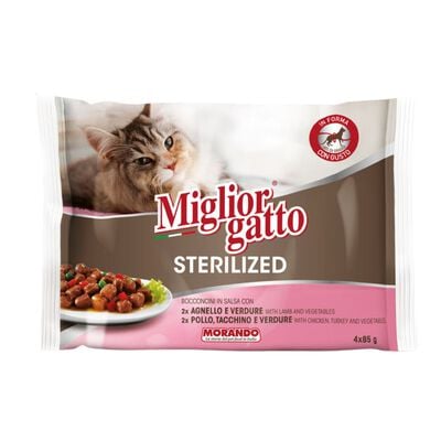 Migliorgatto Cat  Sterilized bocconcini in salsa assortiti Pollo, Tacchino e Verdure/Agnello e Verdure 4 x 85 gr