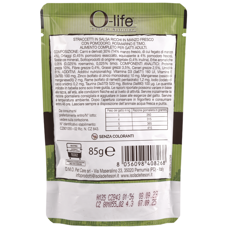 O-life Cat Adult Straccetti in salsa ricchi in Manzo fresco pomodoro rosmarino e timo 85 gr