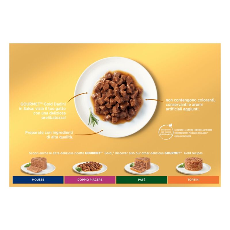 Gourmet Gold Cat Adult Dadini in Salsa con Manzo, Salmone e Pollo, Tacchino e Anatra, Pollo e Fegato 12x85 gr