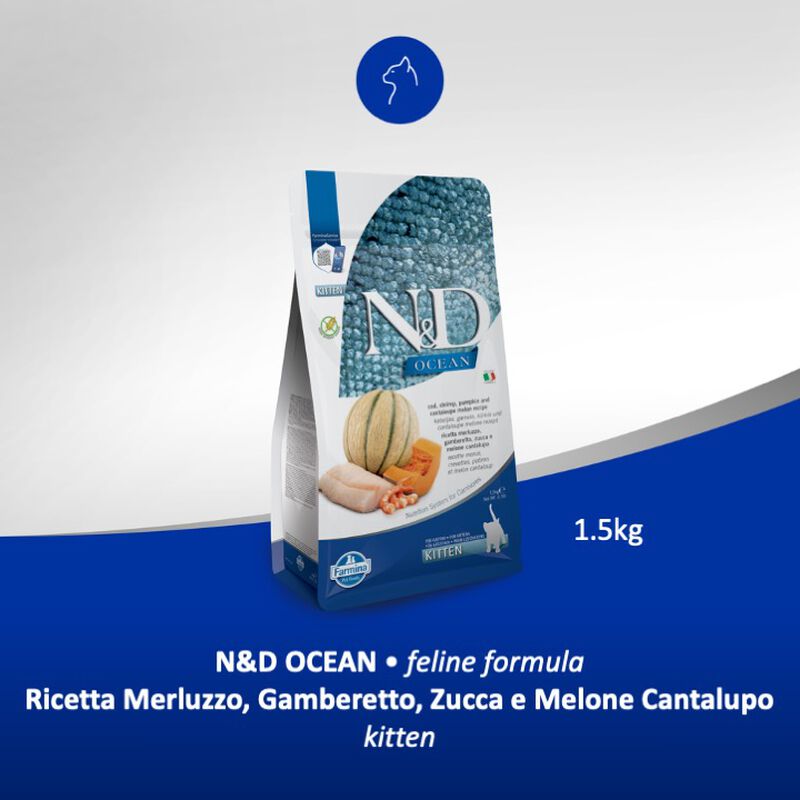 Farmina N&D Ocean Cat Kitten Merluzzo, Gamberetto, Zucca e Melone cantalupo 1,5 kg