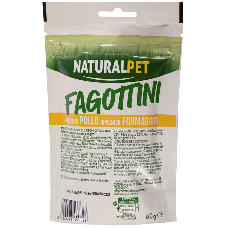 Naturalpet Snack Fagottini ricchi in Pollo ripieni di Formaggio 60 gr