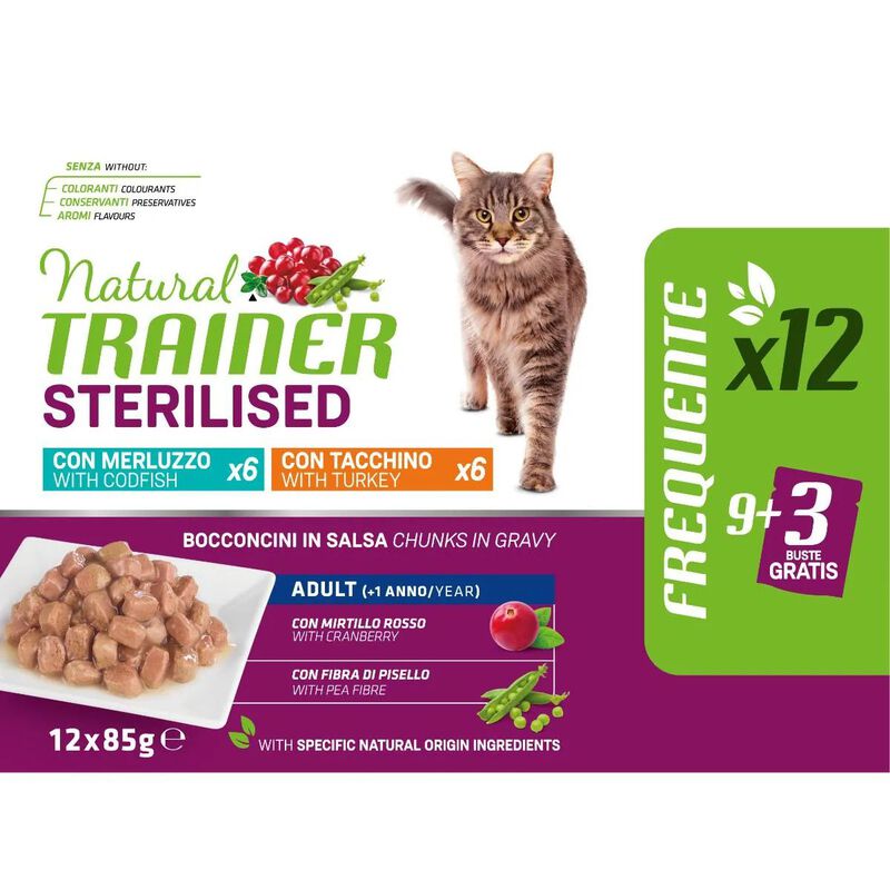 Natural Trainer Cat Adult Sterilised con Tacchino e Merluzzo 85gx24pz