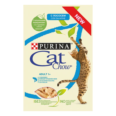 Cat Chow Adult, teneri pezzetti in gelatina con Salmone e Fagiolini 85 gr