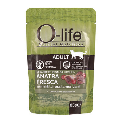 O-life Cat Adult Straccetti in salsa con Anatra fresca con mirtilli rossi americani 85 gr