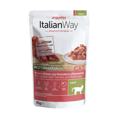 Italianway Cat Adult Mediterranean Sfilaccetti in salsa Manzo Pomodoro e rosmarino 85 gr