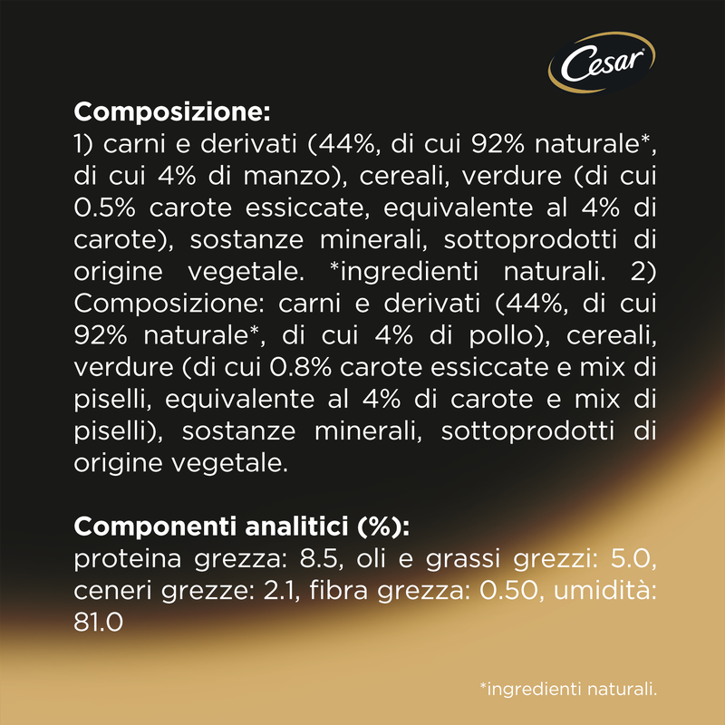 Cesar Dog Delizie del Giorno Multipack Pollo e Verdure e Manzo e Carote in Salsa 4x100 gr