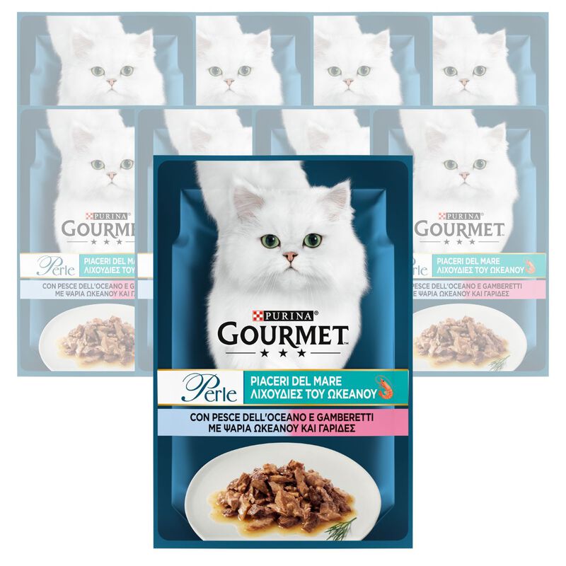 Gourmet Perle Cat Adult con Pesce dell'Oceano e Gamberetti 85 gr