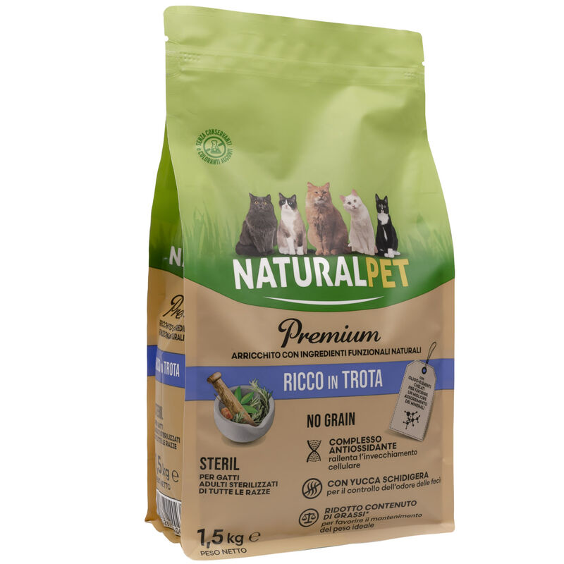 Naturalpet Premium Cat Adult Sterilised ricco in Trota 1,5 kg