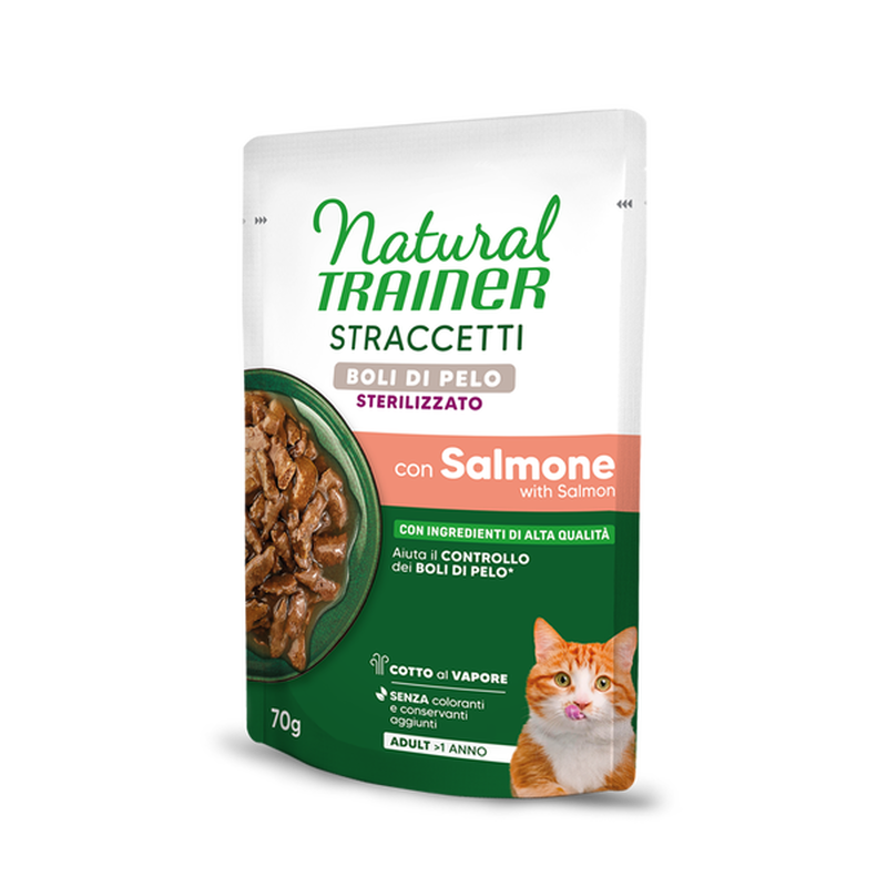 Natural Trainer Straccetti con Salmone Boli di Pelo per Gatti Steril 70gr