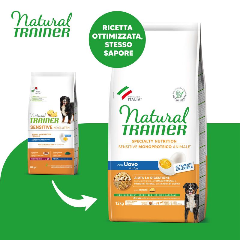 Natural Trainer Dog Adult Medium&Maxi Sensitive Gluten Free con Uovo 12 kg - Scad. Novembre 25