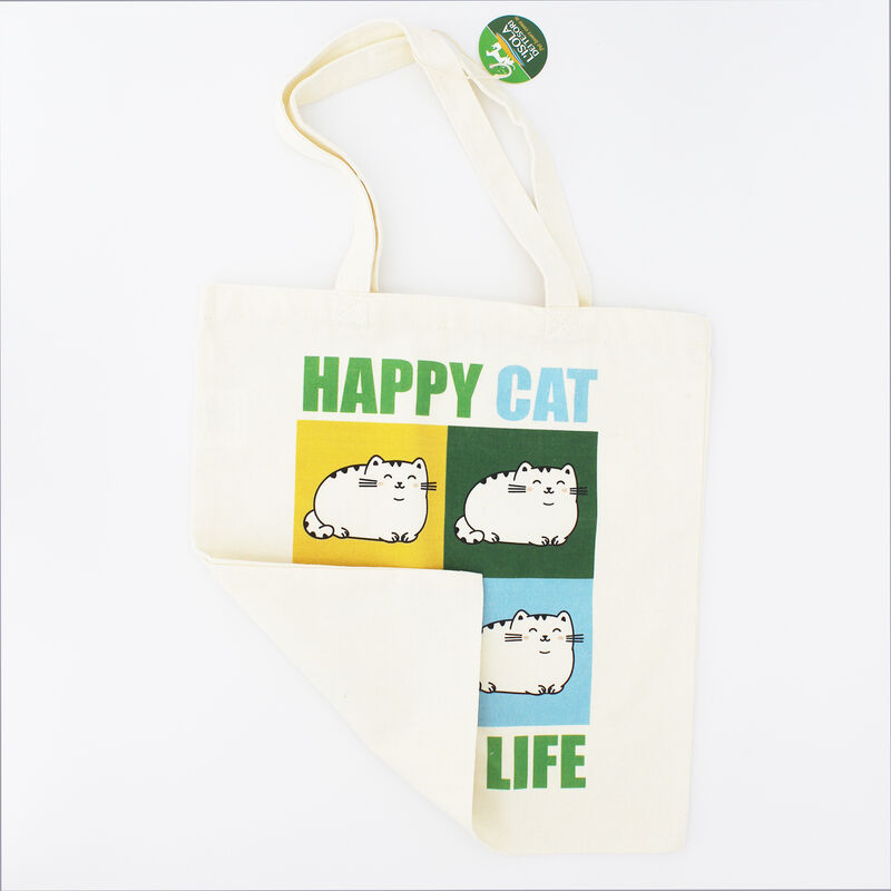 Shopper in tessuto con stampa Happy Cat