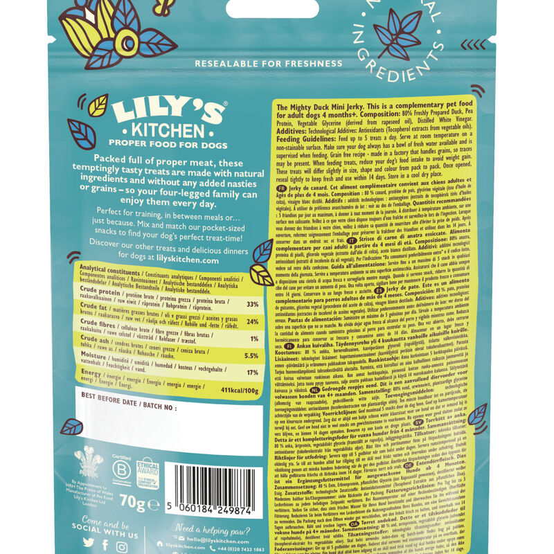 Lily's Kitchen Dog Adult Snack The Mighty Duck Mini Jerky, Striscette di Anatra 70 gr