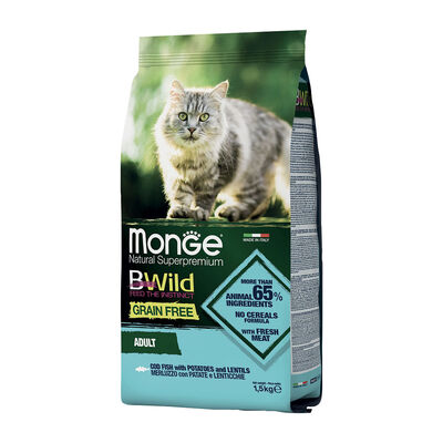 Monge Natural Superpremium BWild per gatti adulti Grain Free Merluzzo Patate e Lenticchie1,5 kg