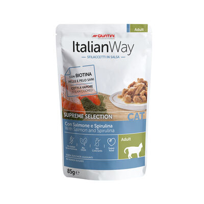 Italianway Cat Adult Supreme Selection Sfilaccetti in salsa Salmone e Spirulina 85 gr