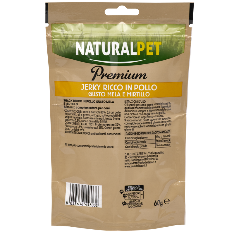 Naturalpet Premium Dog Snack Jerky ricco in Pollo mela e mirtillo 60gr
