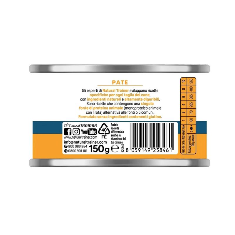 Natural Trainer Dog Adult Small&Toy Pat&eacute; Monoproteico con Trota 150 gr
