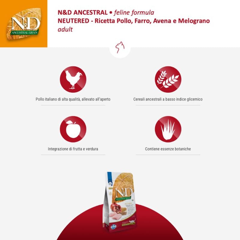 Farmina N&D Ancestral Grain Cat Sterilised Pollo Farro Avena e Melograno 1,5 kg