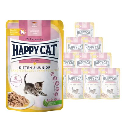 Happy Cat Kitten & Junior Farm Poultry con Pollame in Salsa 85 gr