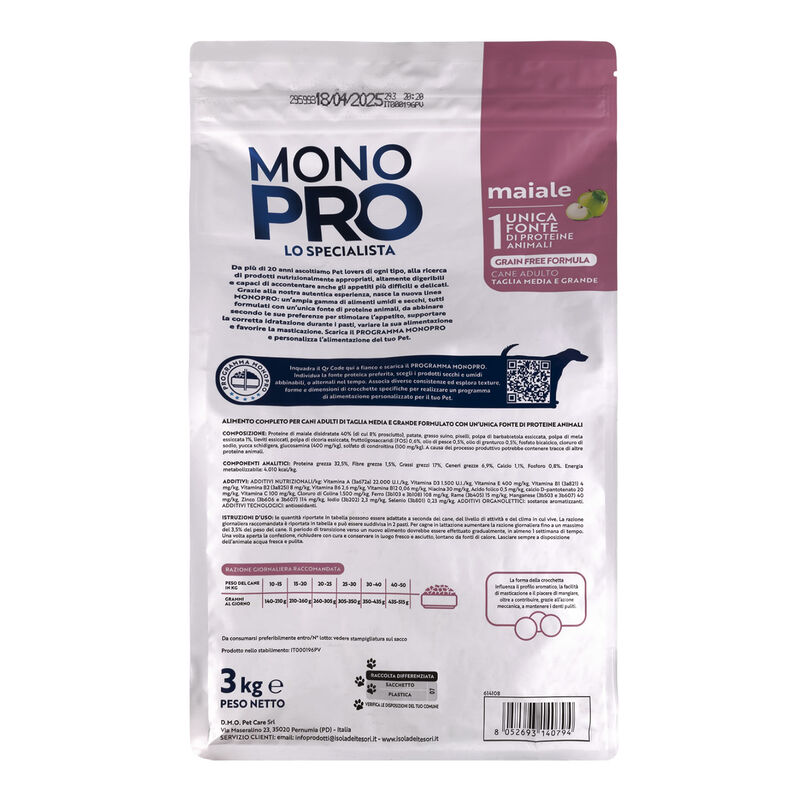 Monopro Dog Adult Medium&Large Grain Free Maiale 3 kg