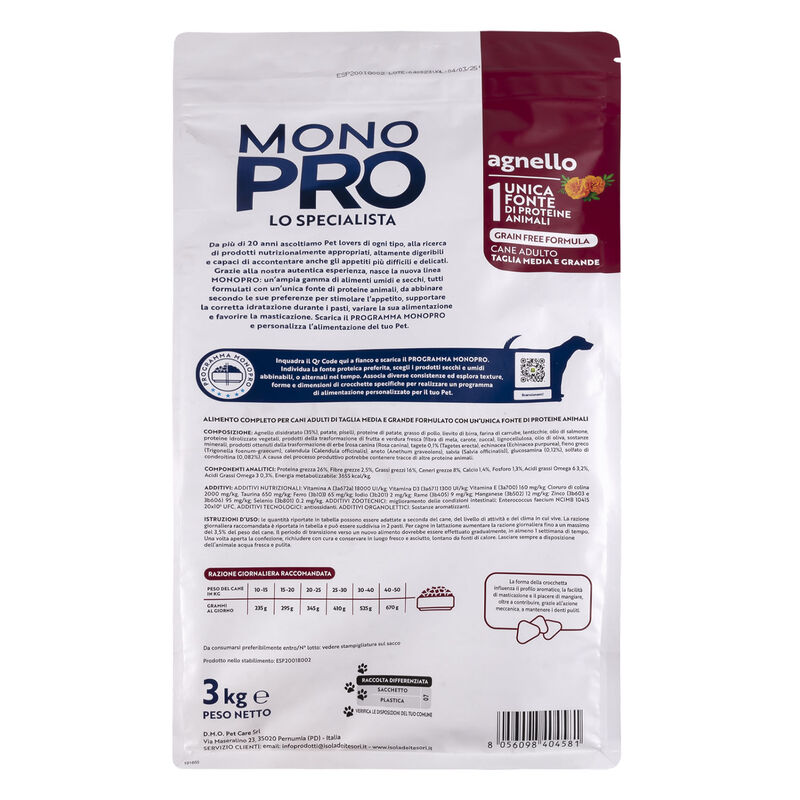 Monopro Dog Adult Medium&Large Grain Free Agnello 3 kg