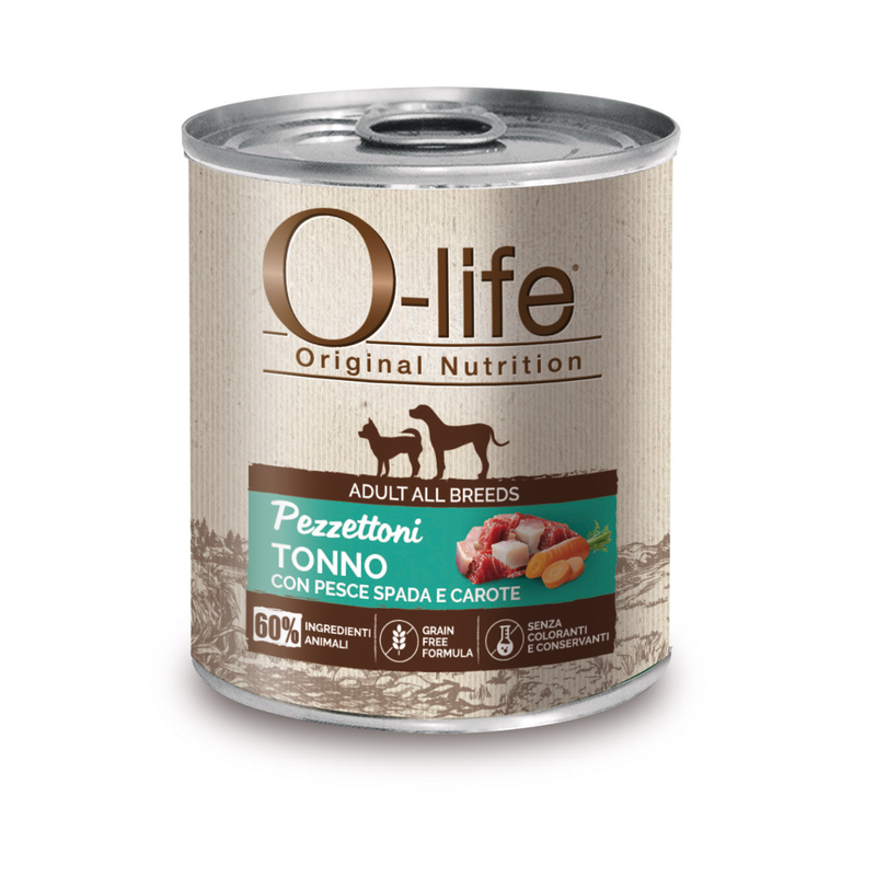 O-life Dog Adult All breeds Pezzettoni Tonno con pesce spada e carote 400gr