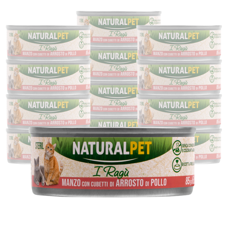 Naturalpet Cat Sterilised I rag&ugrave; Manzo con cubetti di arrosto di pollo 85gr