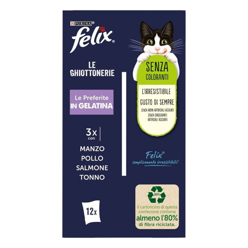 Felix Le Ghiottonerie Cat Le Preferite con Manzo, Pollo, Salmone e Tonno 12 x 85 gr