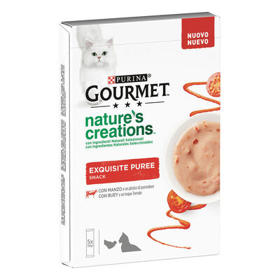 Gourmet Nature's Creations Snack per gatti Exquisite Puree Manzo e Pomodoro 5x10 gr