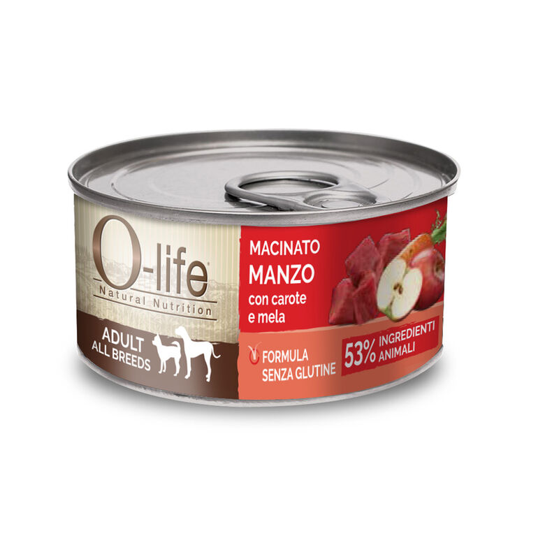 O-life Dog Adult All Breeds: Macinato di Manzo con Carote e Mela 95 gr