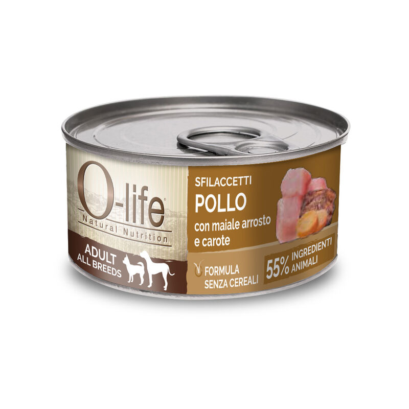O-life Dog Adult All Breed Sfilaccetti di Pollo con maiale arrosto e carote 85 gr