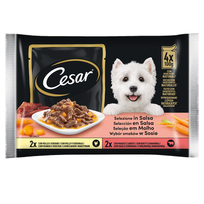 Cesar Dog Delizie del Giorno Multipack Pollo e Verdure e Manzo e Carote in Salsa 4x100 gr