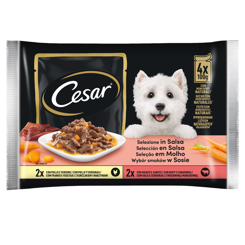 Cesar Dog Delizie del Giorno Multipack Pollo e Verdure e Manzo e Carote in Salsa 4x100 gr
