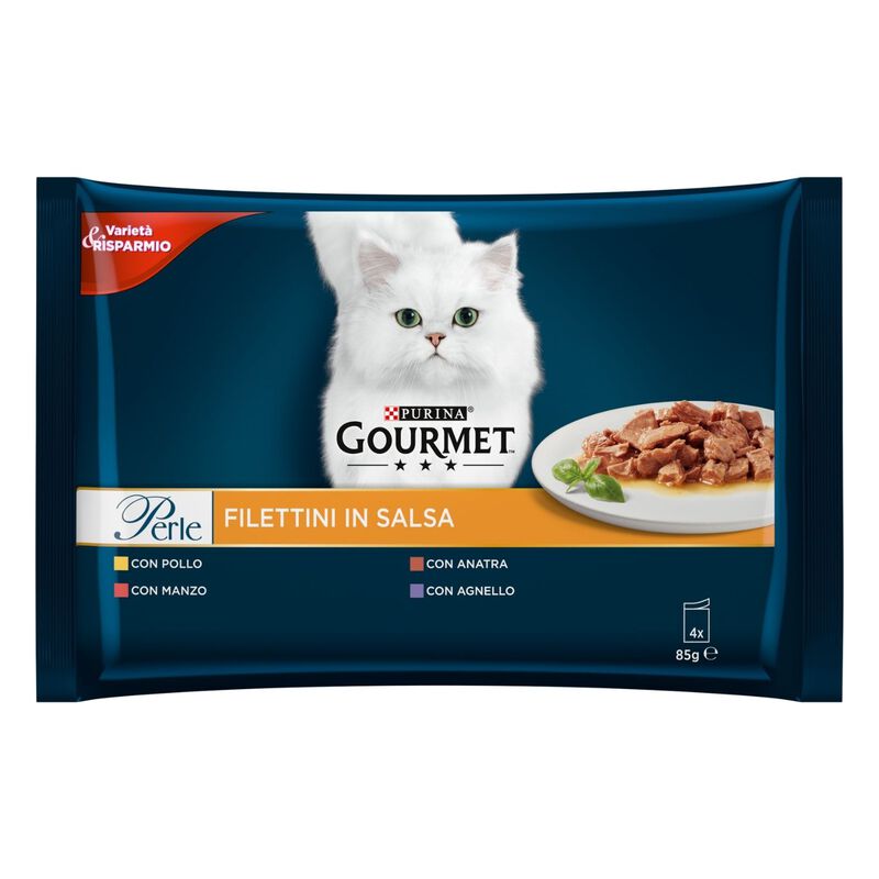 Gourmet Perle Cat Adult Filettini in Salsa con Manzo Pollo Agnello e Anatra 4 x 85 gr