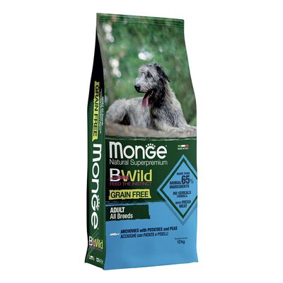 Monge BWild Crocchette Grain Free per cani adulti Acciughe con patate e piselli 12 kg