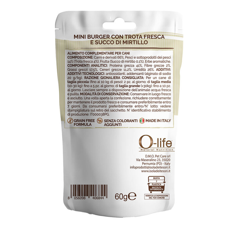 O-life Dog Adult Snack Mini burger Trota e Mirtillo 60 gr