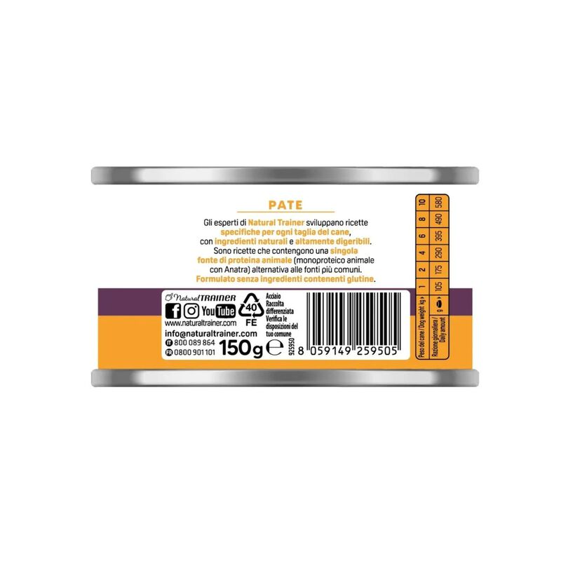 Natural Trainer Dog Adult Small&Toy Pat&eacute; Monoproteico con Anatra 150 gr