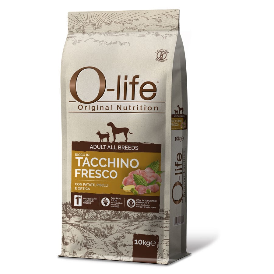 O-life Dog Adult All breeds ricco in Tacchino fresco con patate, piselli e ortica 10kg