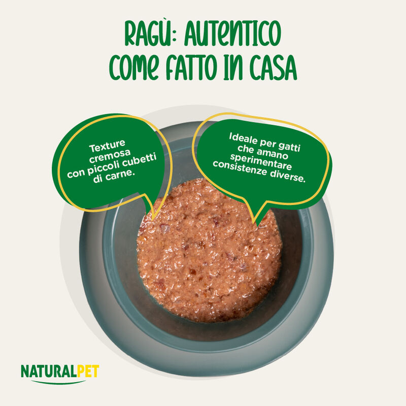 Naturalpet Cat I rag&ugrave; Manzo con cubetti di arrosto di tacchino 85gr