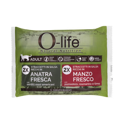 O-life Cat Adult Straccetti in salsa con Manzo e Anatra 85grx4pz