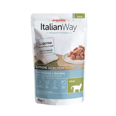 Italianway Cat Adult Supreme Selection Sfilaccetti in salsa Merluzzo e Spirulina 85 gr