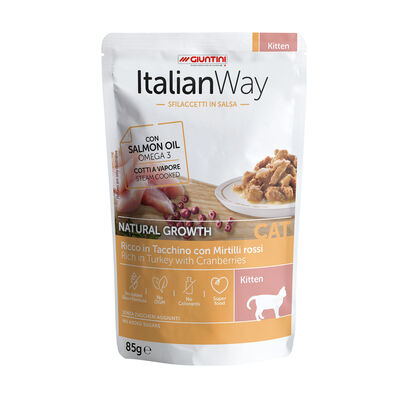 Italianway Kitten Natural growth Sfilaccetti in salsa Tacchino e Mirtilli 85 gr - Scad Settembre 25