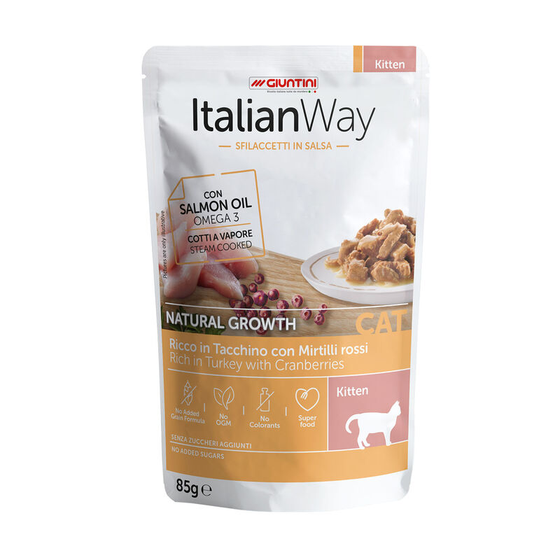 Italianway Kitten Natural growth Sfilaccetti in salsa Tacchino e Mirtilli 85 gr - Scad Settembre 25