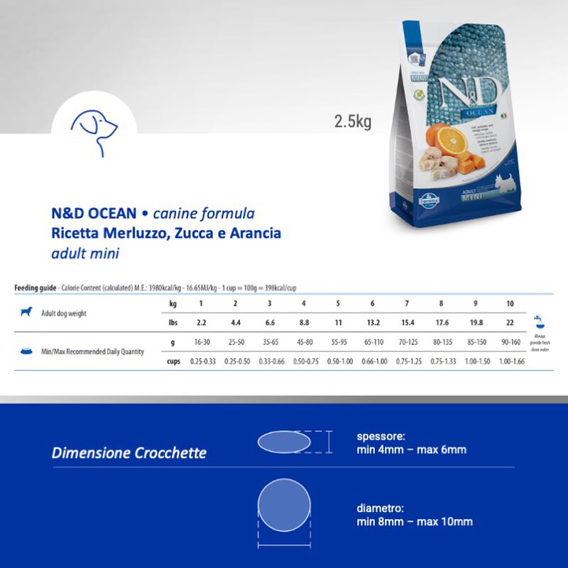 Farmina N&D Ocean Dog Adult Mini Merluzzo, Zucca e Arancia 2,5 kg