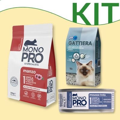 Kit Alimentazione Monopro Cat Adult sterilised secco + umido +Petup gattiera agglomerante 15 l