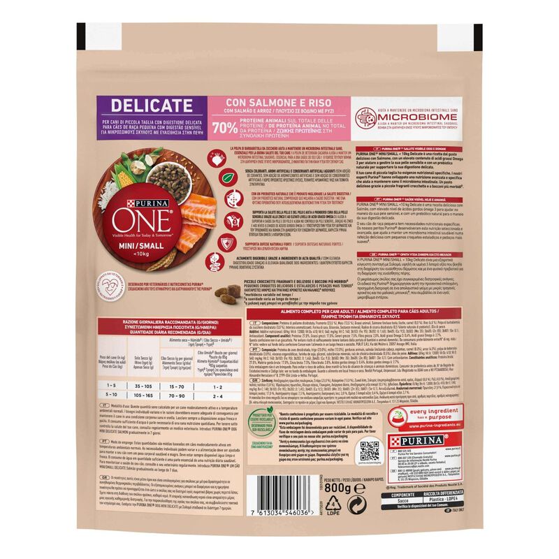 Purina One Dog Mini Delicate ricco in Salmone con riso 800gr