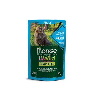 Monge Natural Superpremium Bwild per gatti adulti Grain Free Bocconcini Acciughe con Ortaggi 85 gr