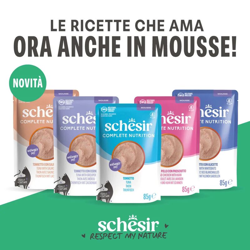 Schesir Complete Nutrition Mousse per gatti sterilizzati Tonnetto e Salmone 85 gr