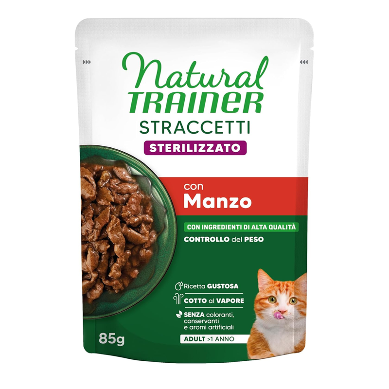 Natural Trainer Cat Steril straccetti con Manzo 85gr